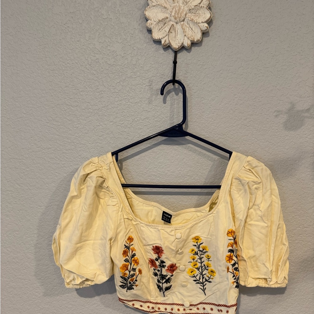 SHEIN Cream Embroidered Puff Sleeve Crop Top